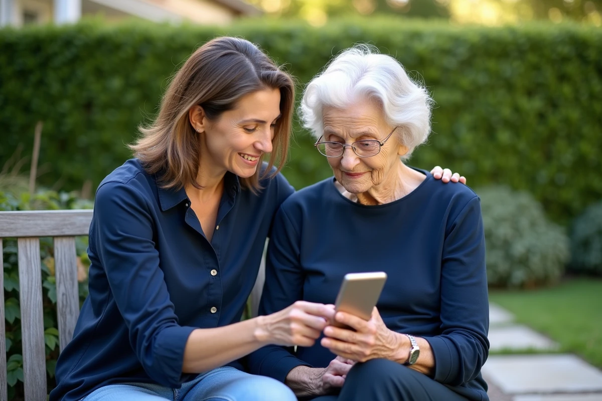 Fille aidant sa mère âgée à configurer une application de téléassistance détection de chute dans un jardin