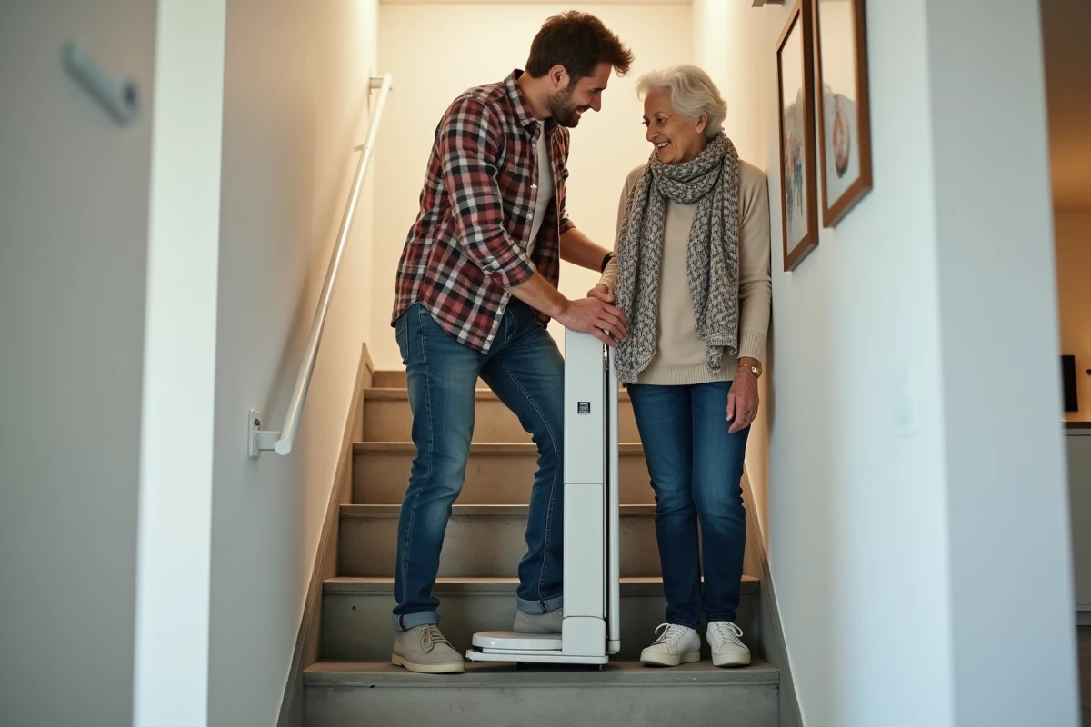 Fils installant un monte-escalier pour sa mère dans un couloir moderne
