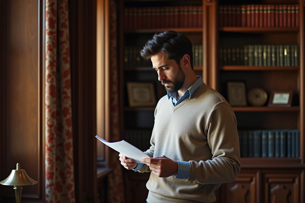 Fils lisant une lettre dans une bibliothèque élégante