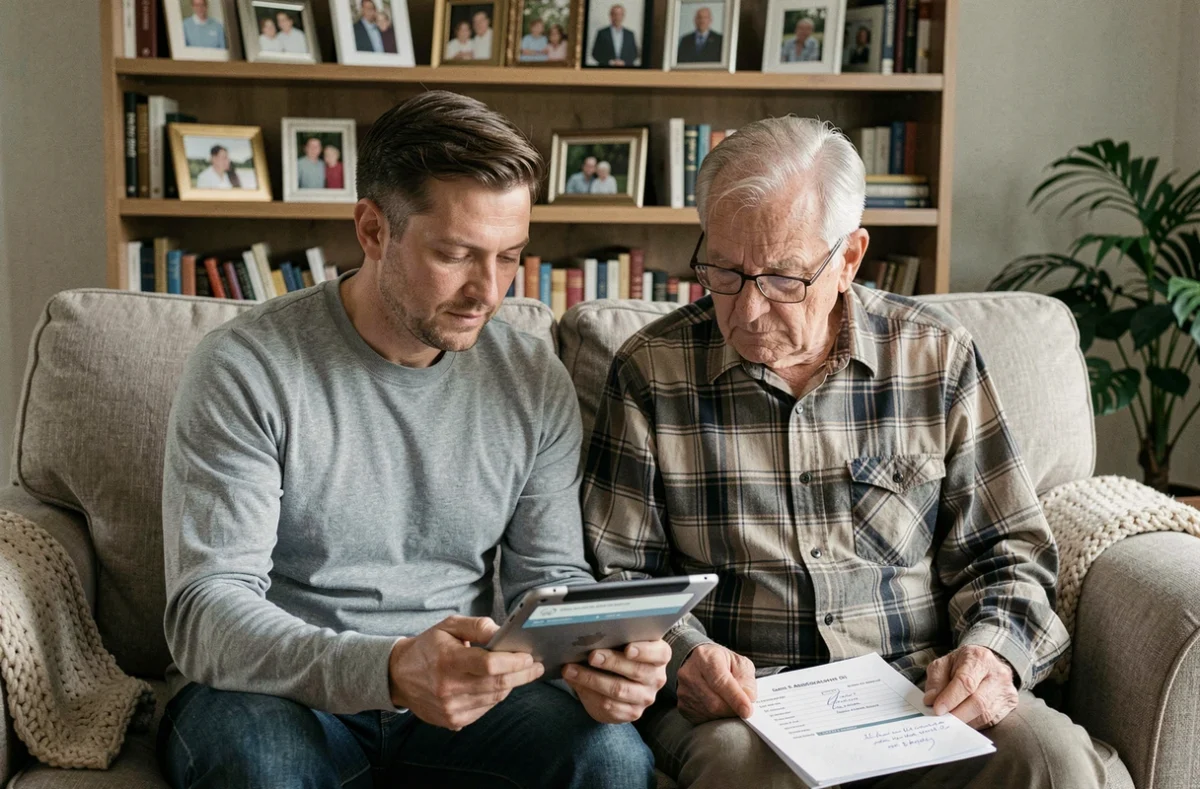 Fils adulte et père âgé consultant ensemble un formulaire de devis d'aide senior sur une tablette dans un salon