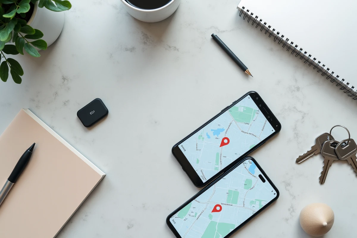 Vue de dessus d'un traceur GPS connecté à un smartphone affichant une carte de localisation en temps réel