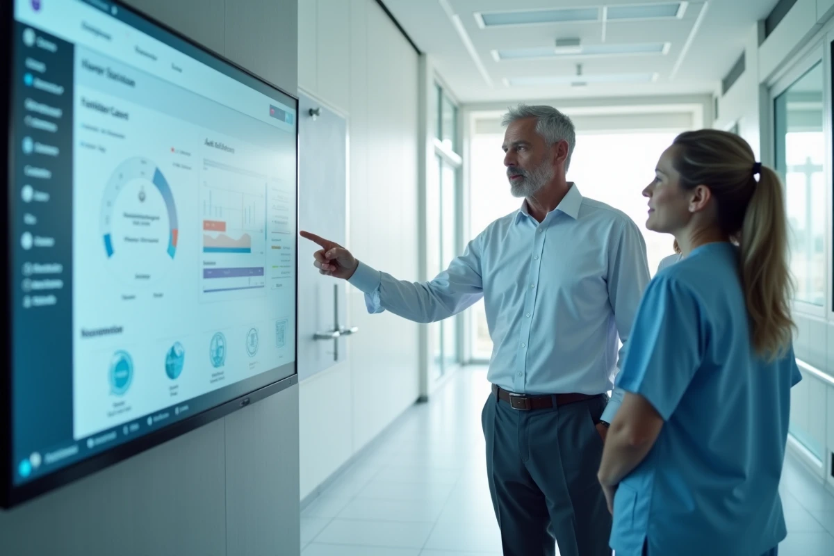 Formateur en gestion hospitalière présentant le logiciel NETSoins à une équipe soignante dans un couloir d'hôpital