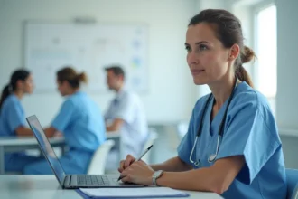 Infirmière en formation NETSoins sur logiciel de soins infirmiers dans une salle de formation hospitalière moderne