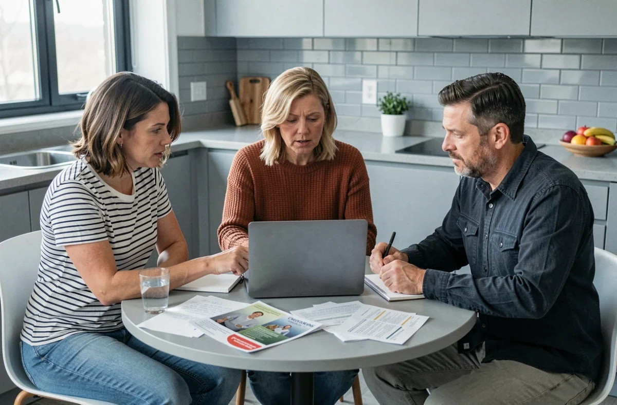 Trois frères et sœurs adultes réunis pour préparer les questions à poser lors d'une demande de devis de service pour senior