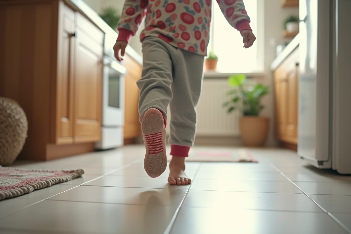 Jeune garçon vérifiant la adhérence de ses chaussettes