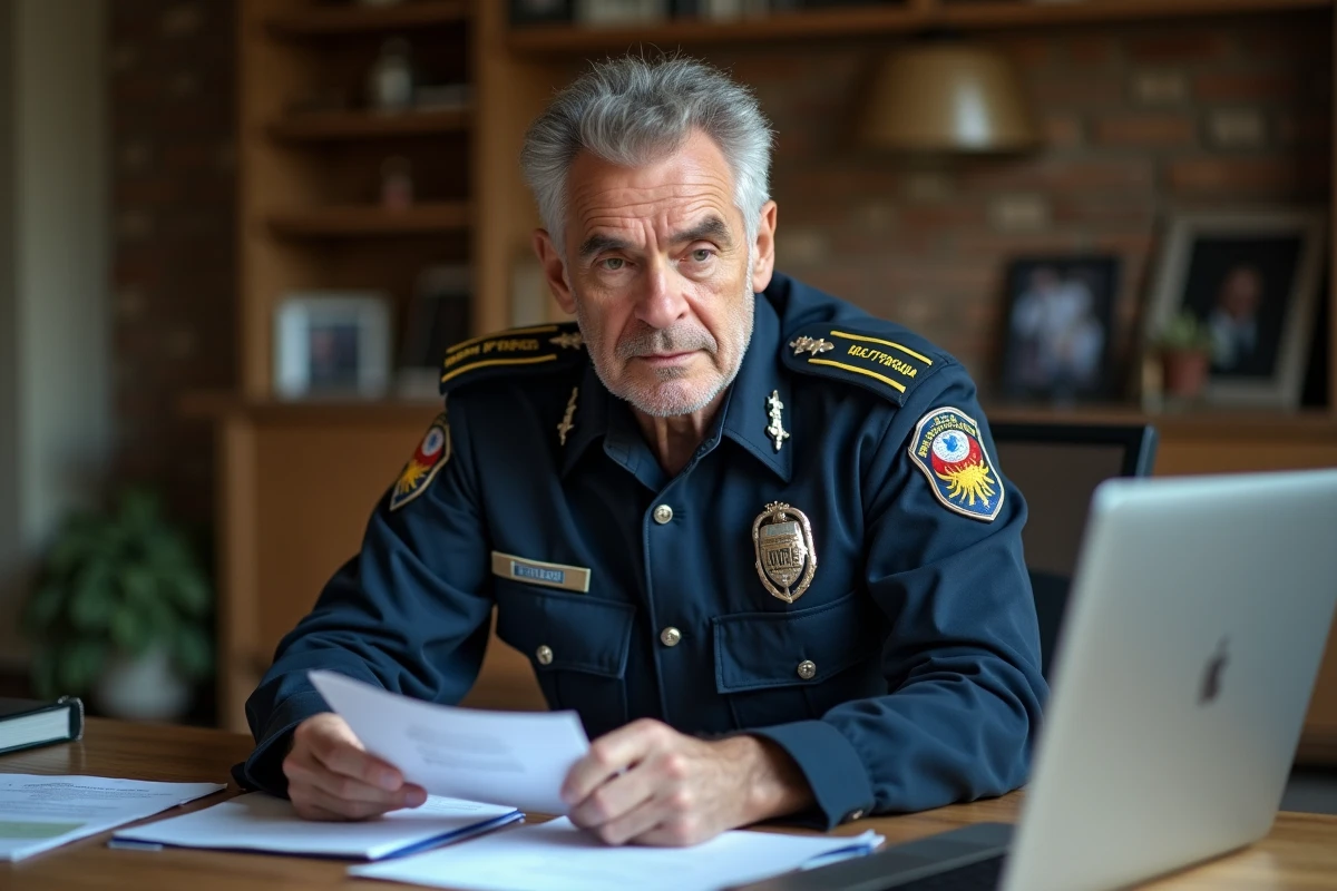 Homme en uniforme de gendarmerie en réflexion à son bureau