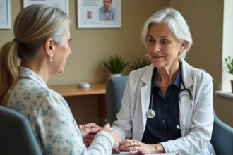 Gériatre évaluant une patiente âgée avec un formulaire de score IADL lors d'une consultation gériatrique standardisée