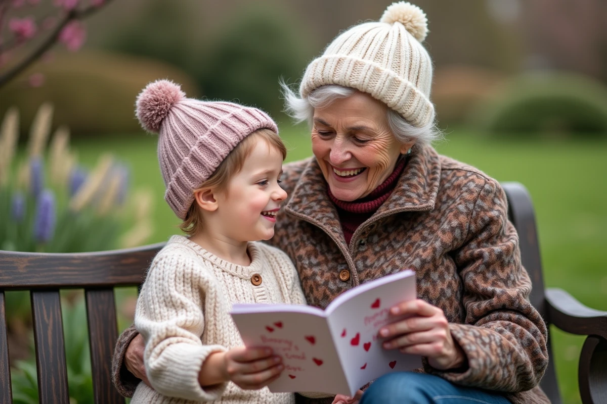 Grand-mere et enfant recitant un poeme dans le jardin