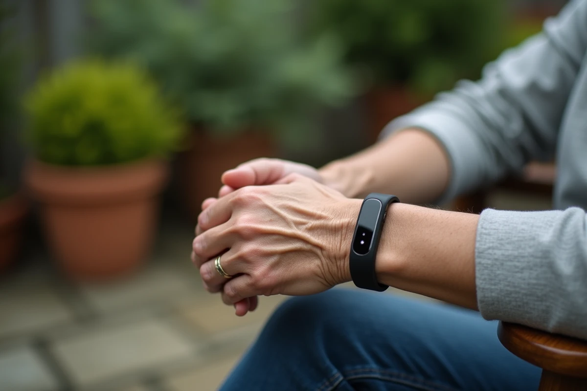 Gros plan sur le poignet d'une femme senior portant un bracelet détecteur de chute discret dans un jardin extérieur
