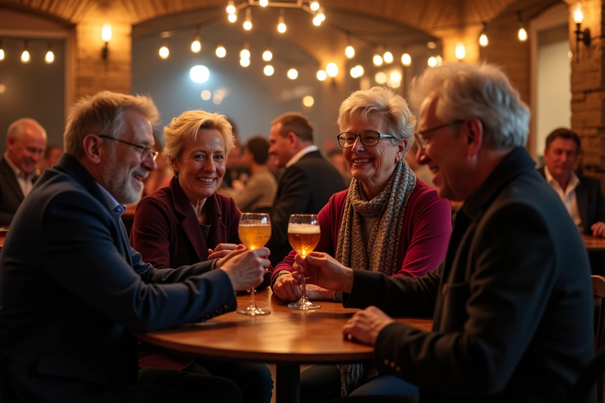 Groupe d'adultes de plus de 50 ans attablés dans un bal musette lyonnais, ambiance conviviale et authentique