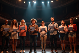 Groupe d'adultes divers chantant sur scène de théâtre