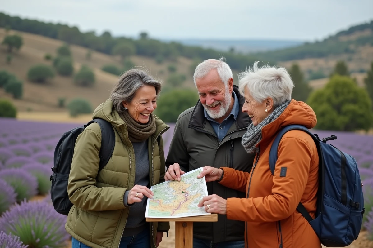 Groupe de randonneurs seniors célibataires consultant une carte sur un sentier en Provence, entourés de garrigue et de champs de lavande séchée