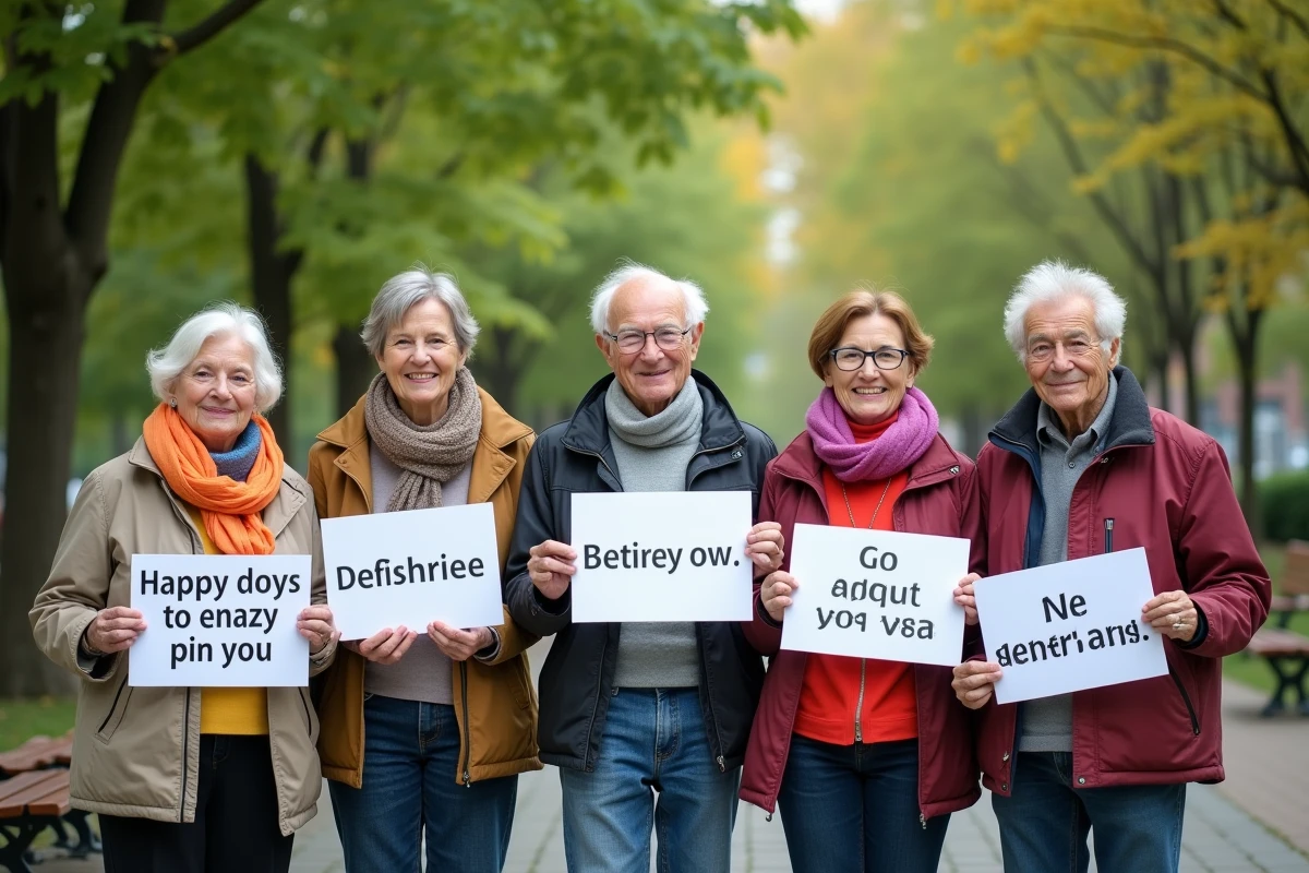 Groupe de retraités avec pancartes humoristiques dans un parc