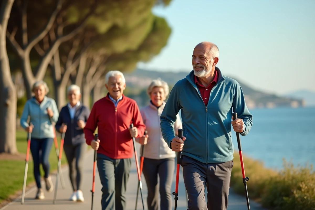 Groupe de seniors actifs marchant en nordic walking à Nice