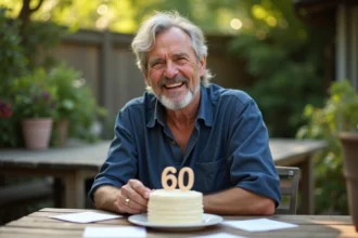 Homme de 60 ans souriant entouré de cartes d'anniversaire humoristiques dans un jardin