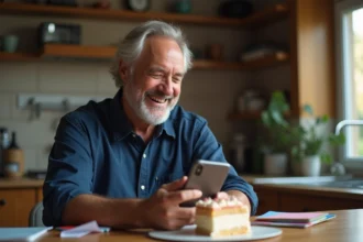 Homme de 60 ans souriant en lisant un message d'anniversaire humoristique sur son téléphone, entouré d'une carte d'anniversaire et d'un gâteau sur une table en bois