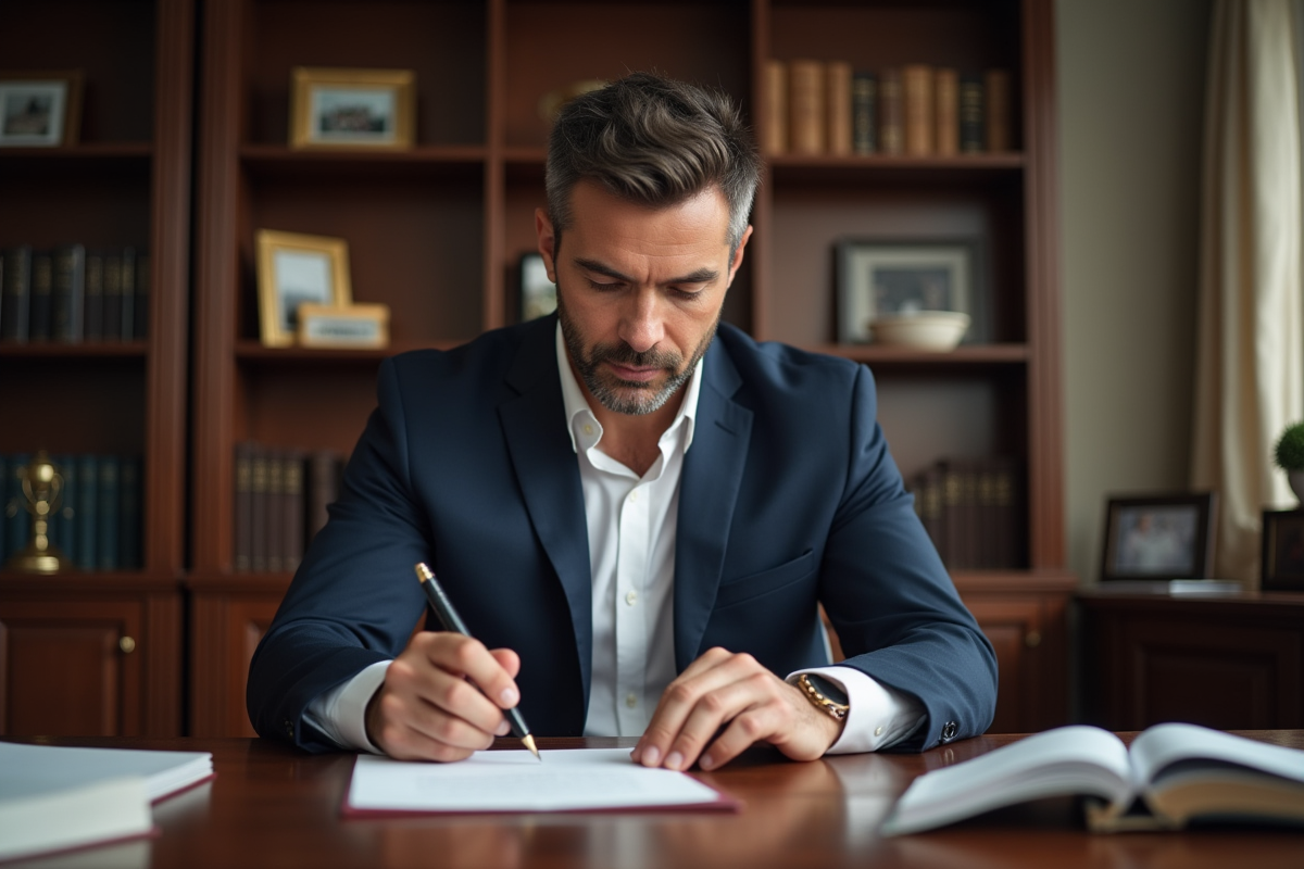 Homme d affaires en costume lisant des documents dans un bureau élégant