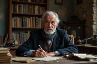Portrait d'un homme agee en studio avec livres anciens