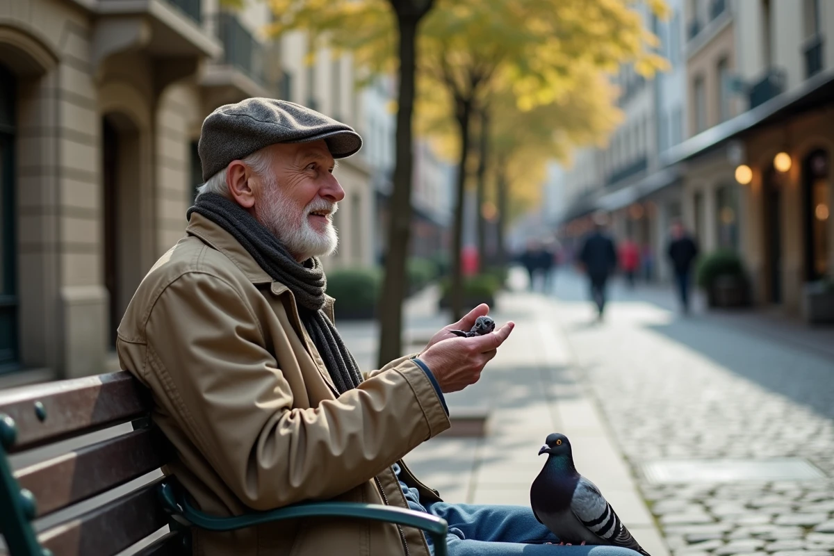 Homme retraité français nourrissant des pigeons dans une place