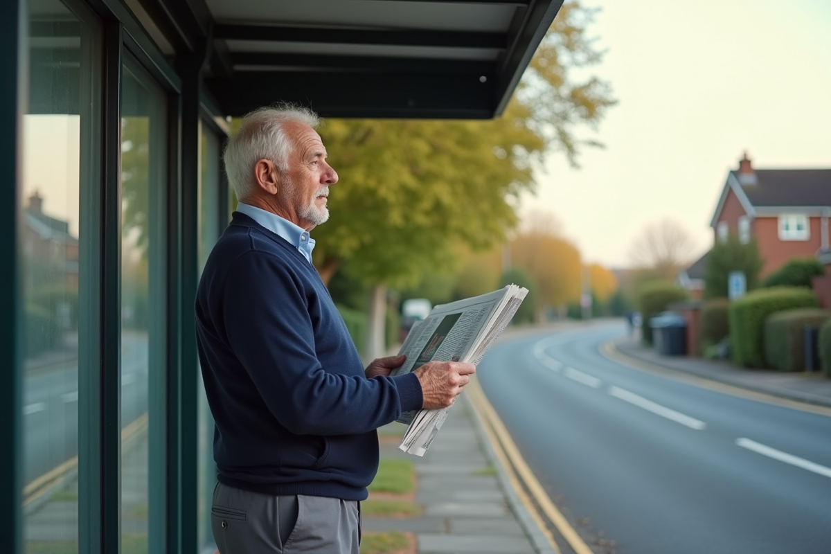 Homme âgé attendant à un arrêt de bus tranquille