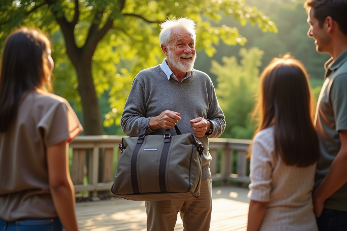 Homme âgé entouré de famille sur une terrasse en plein air