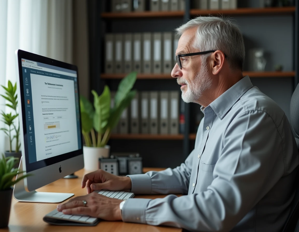 Homme d'âge mûr consultant les informations sur l'assurance retraite en ligne depuis son bureau