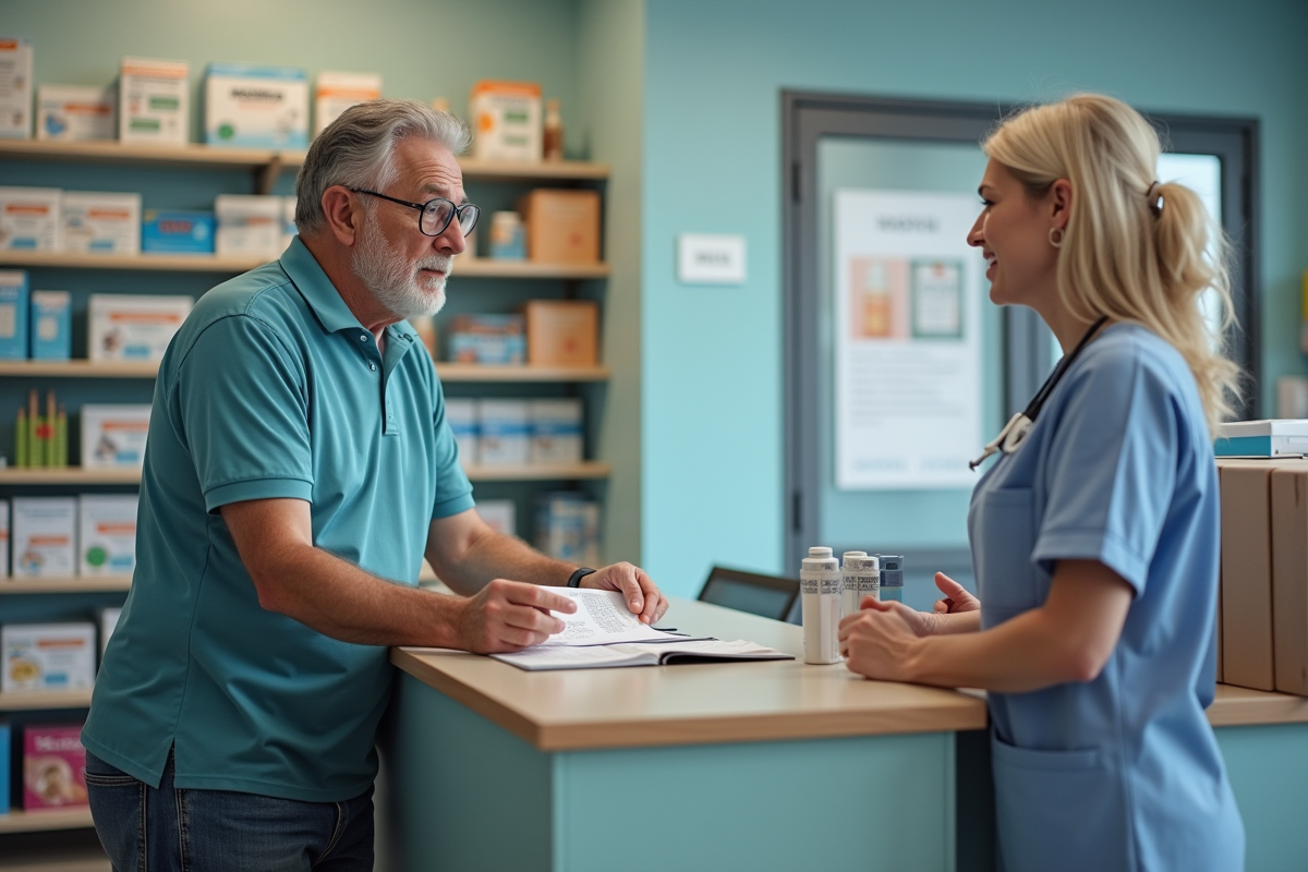 Homme discutant avec un professionnel de santé à la pharmacie