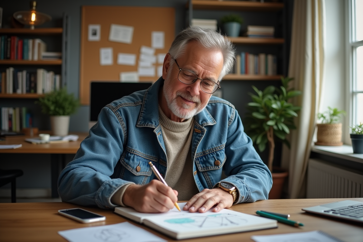 Homme en train de dessiner dans un bureau cosy