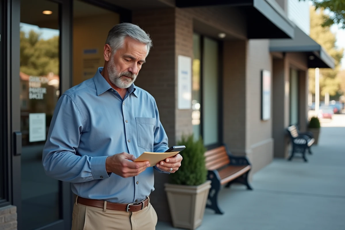 Homme avec enveloppe et smartphone devant un centre communautaire