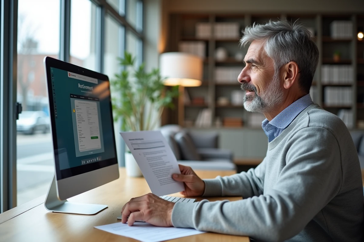 Homme consultant son espace Agirc Arrco en ligne pour envoyer des documents depuis son ordinateur de bureau
