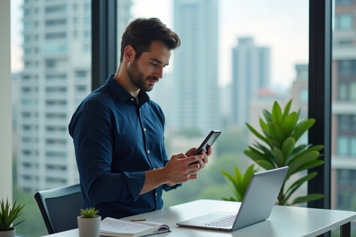 Homme utilisant Mon Proxima sur smartphone pour gérer ses comptes bancaires depuis son bureau à domicile