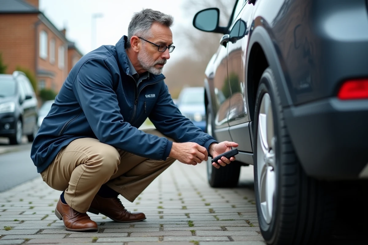 Homme installant un traceur GPS sous le pare-chocs d'une voiture dans un parking résidentiel