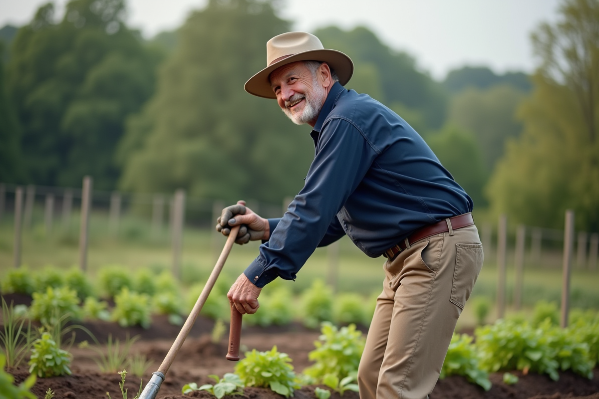Homme âgé avec chapeau cultivant un potager en plein air