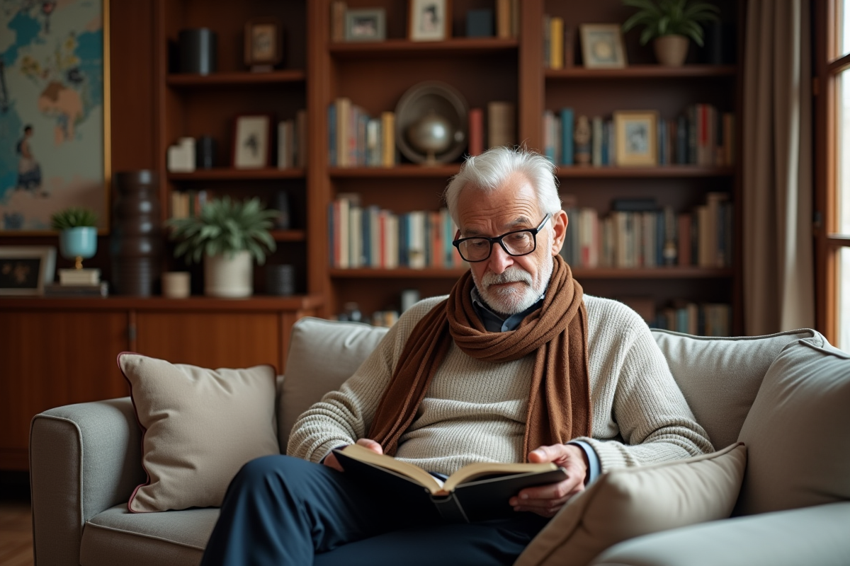 Homme retraité lisant dans un salon élégant