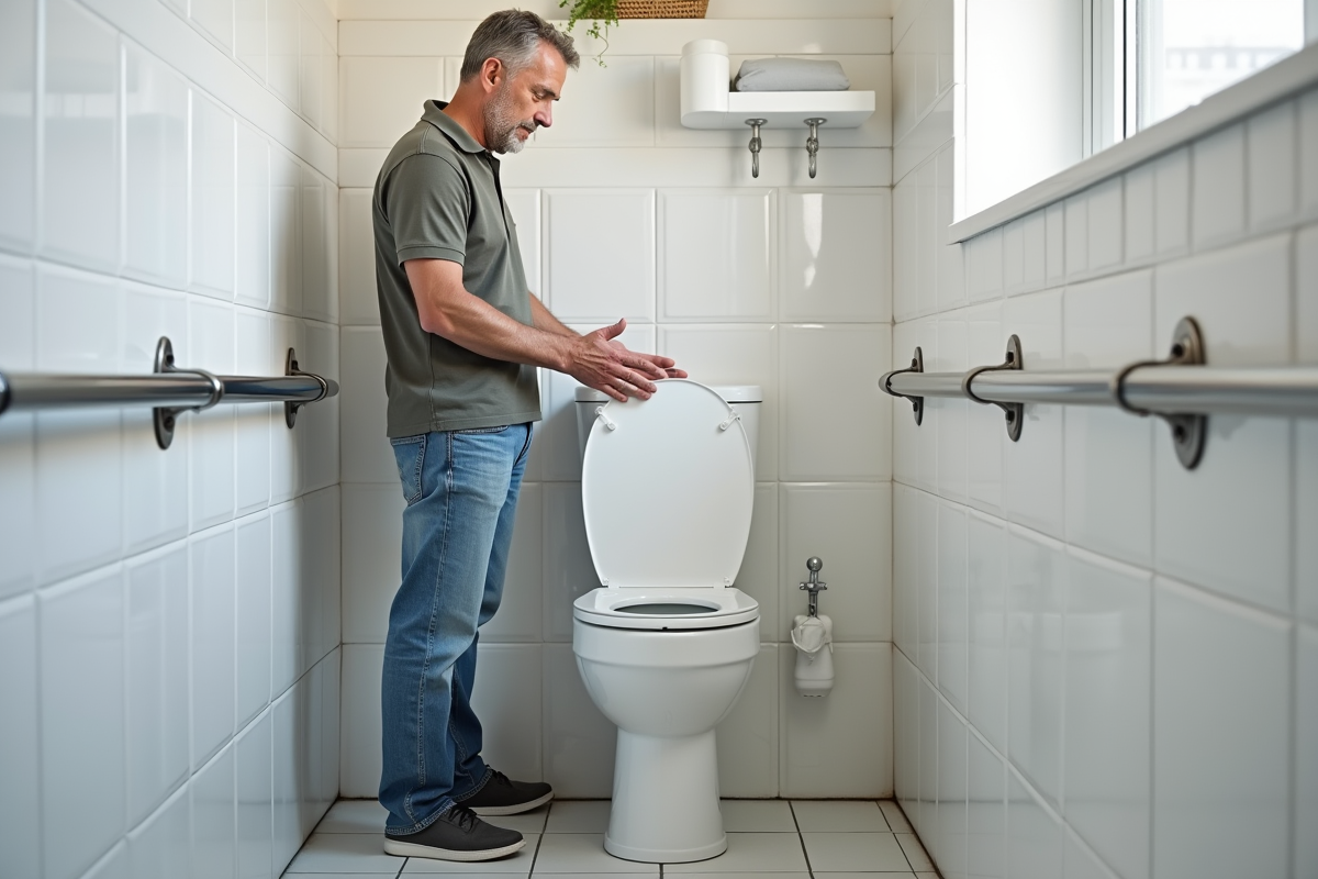 Homme d'âge moyen montrant la hauteur de la toilette moderne
