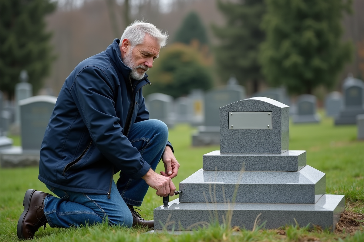 Homme en windbreaker nettoyant une tombe au cimetière