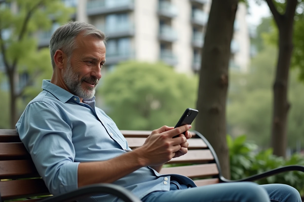 Homme assis sur un banc de parc utilisant son smartphone