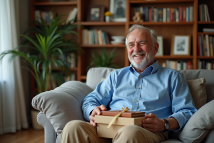 Homme retraité souriant déballant un cadeau avec un livre en main