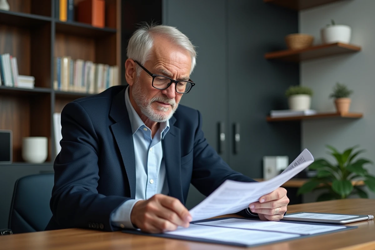 Homme d'environ 60 ans consulte ses relevés de retraite dans un bureau moderne