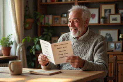 Homme retraité souriant lisant une carte de vœux humoristique