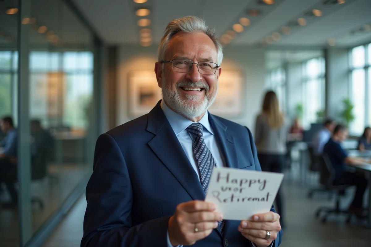 Homme d'âge mûr souriant avec carte de retraite dans un bureau