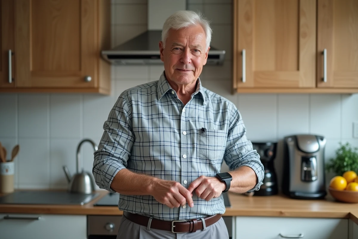 Homme senior actionnant un bracelet de téléassistance dans une cuisine moderne