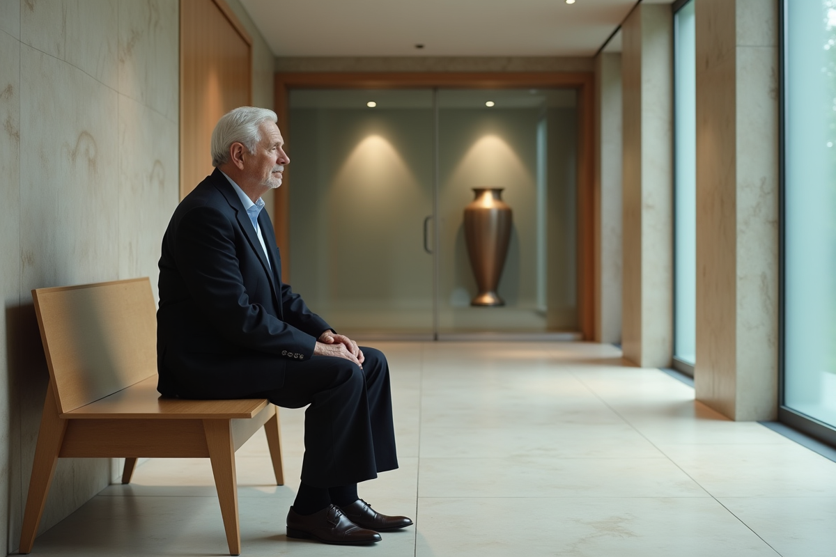 Homme âgé assis dans un foyer de crematorium moderne