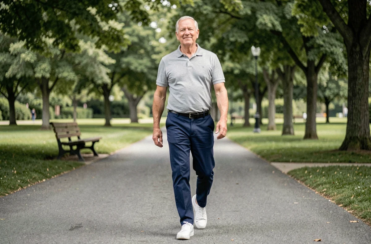 Homme de 65 ans marchant à allure modérée dans un parc verdoyant pour rester en forme