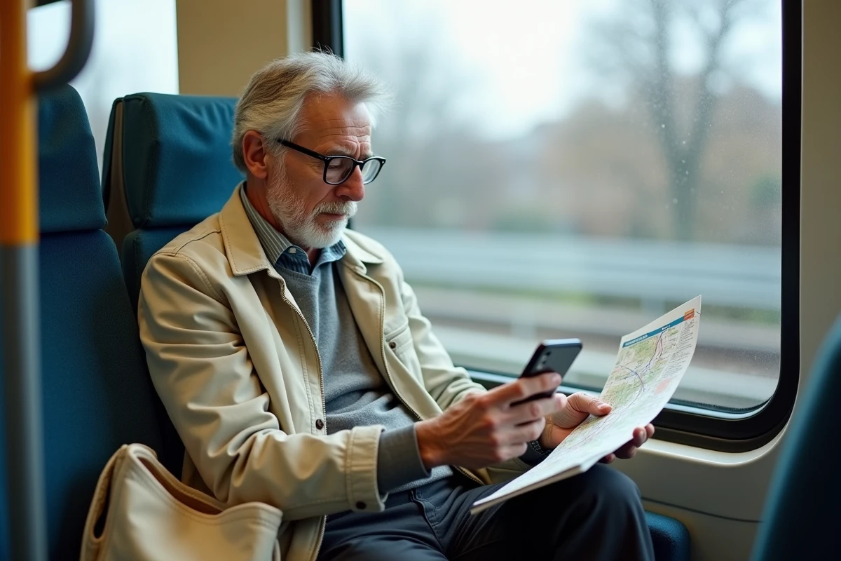 Homme senior consultant un plan de trajet dans un RER parisien avec son smartphone