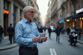 Homme d'âge moyen regardant une carte avec le chiffre 16 en ville