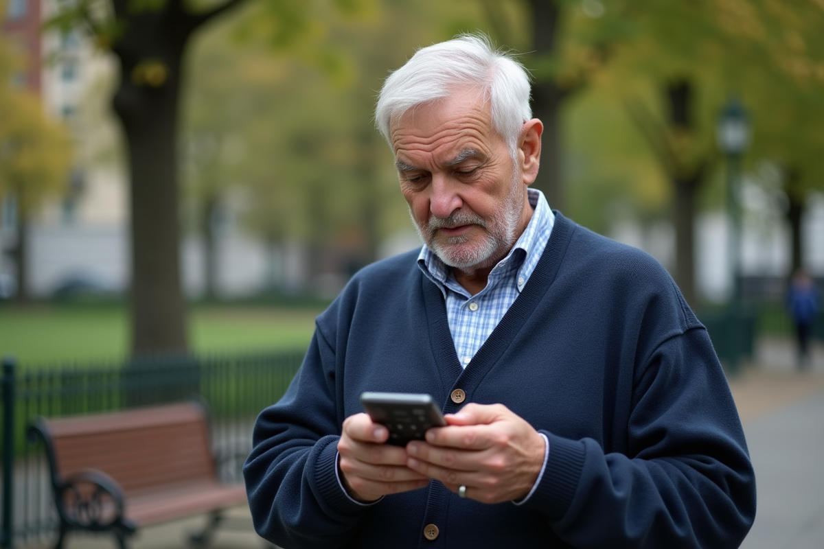 Homme âgé utilisant un téléphone à gros boutons dans un parc