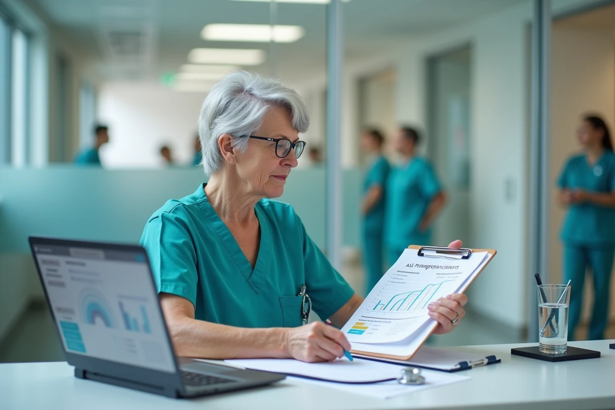 Infirmière analysant les scores ADL d'un patient en cours de rééducation dans un bureau médical