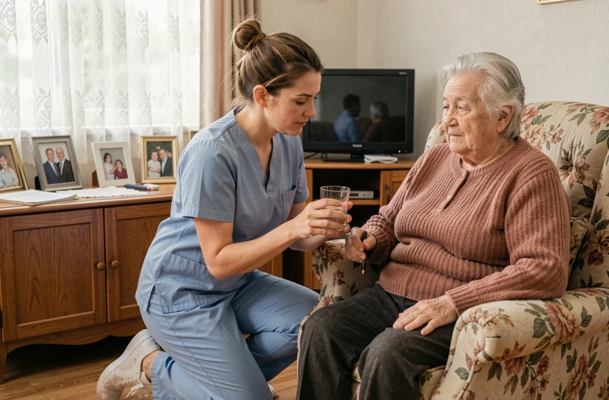 Infirmière à domicile évaluant l'autonomie d'une personne âgée pour la grille AGGIR
