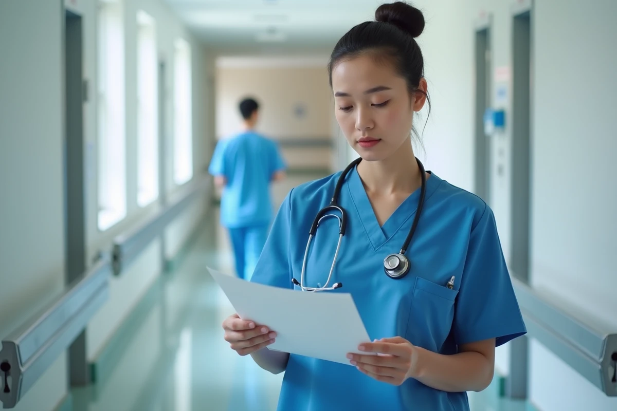 Infirmière en uniforme bleu vérifiant des dossiers dans un couloir hospitalier